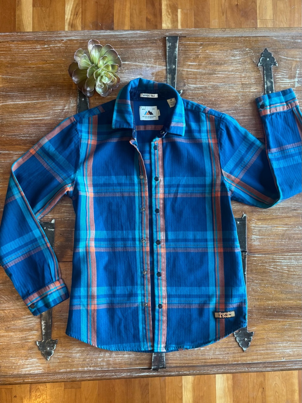 Scotch & Soda Blue Plaid Snap-Down with Orange Stripe